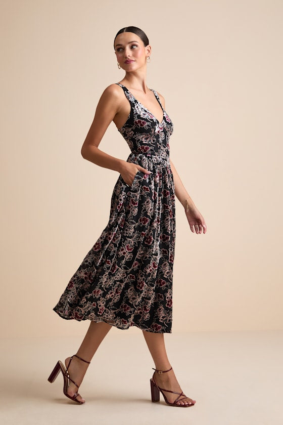 Priella Black Velvet Burnout Lace-Up Midi Dress