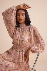 Wexler Peach Floral Tiered Mock Neck Long Sleeve Maxi Dress