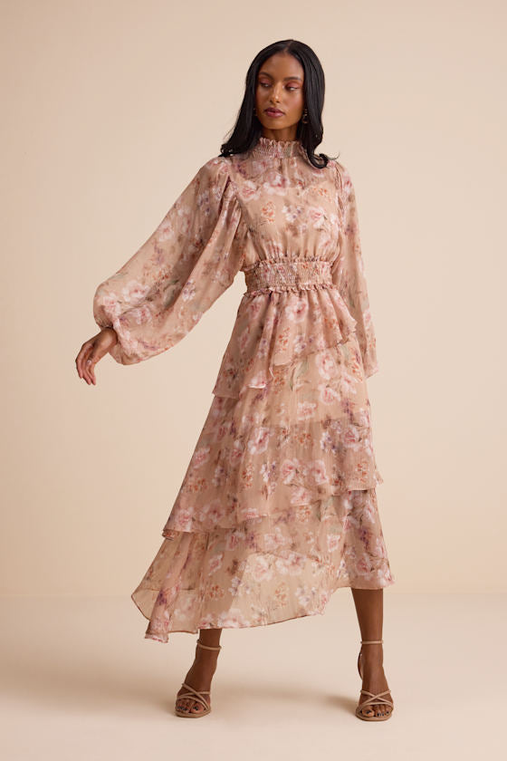 Wexler Peach Floral Tiered Mock Neck Long Sleeve Maxi Dress