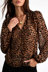 Harielle Brown Leopard Print Burnout Velvet Long Sleeve Blouse