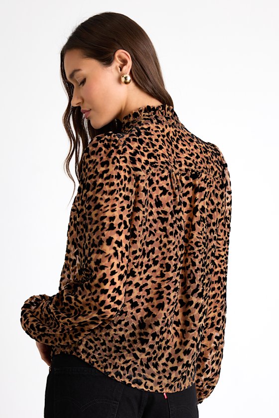 Harielle Brown Leopard Print Burnout Velvet Long Sleeve Blouse
