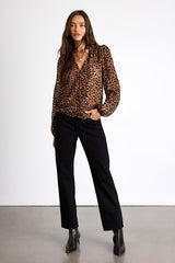 Harielle Brown Leopard Print Burnout Velvet Long Sleeve Blouse