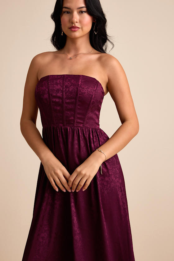Venita Plum Floral Jacquard Satin Bustier Maxi Dress
