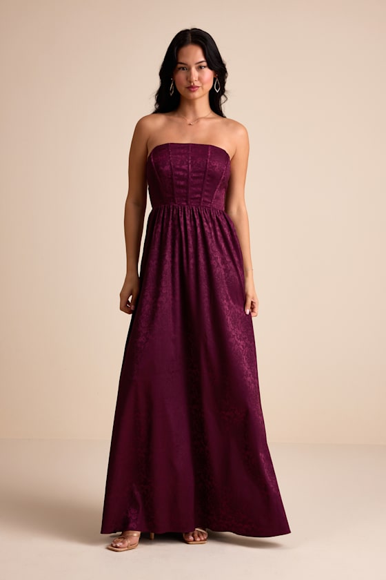 Venita Plum Floral Jacquard Satin Bustier Maxi Dress
