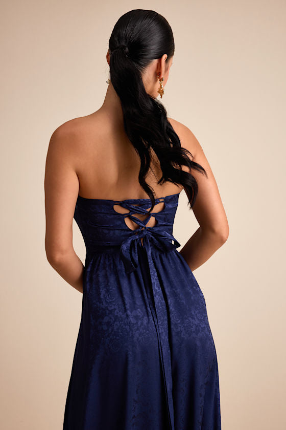 Venita Navy Floral Jacquard Satin Bustier Maxi Dress