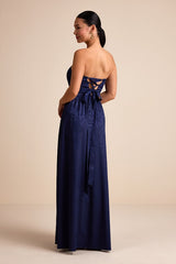 Venita Navy Floral Jacquard Satin Bustier Maxi Dress