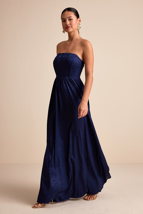 Venita Navy Floral Jacquard Satin Bustier Maxi Dress