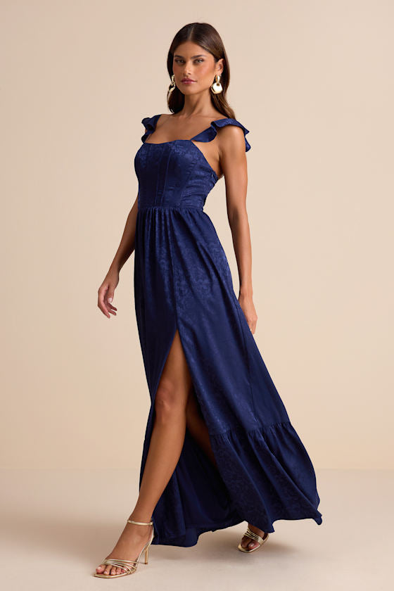 Arlaith Navy Jacquard Lace-Up Corset Maxi Dress