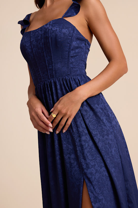 Arlaith Navy Jacquard Lace-Up Corset Maxi Dress