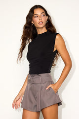 Noara Grey Belted High-Rise A-Line Shorts