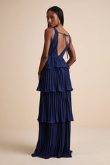 Mesmerizing Essence Navy Pleated Backless Tiered Maxi Dress