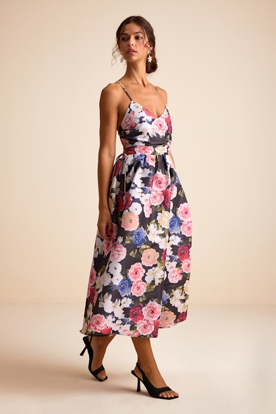 Soreia Black Multi Floral Taffeta Floral Lace-Up Midi Dress
