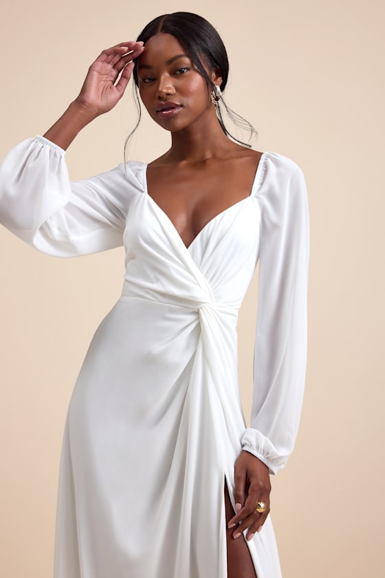 Composed Soiree White Twist-Front Long Sleeve Maxi Dress