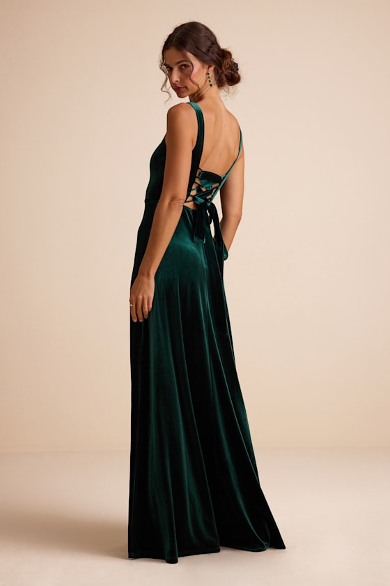 Graceful Invite Emerald Velvet Square Neck Lace-Up Maxi Dress