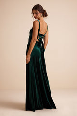 Graceful Invite Emerald Velvet Square Neck Lace-Up Maxi Dress