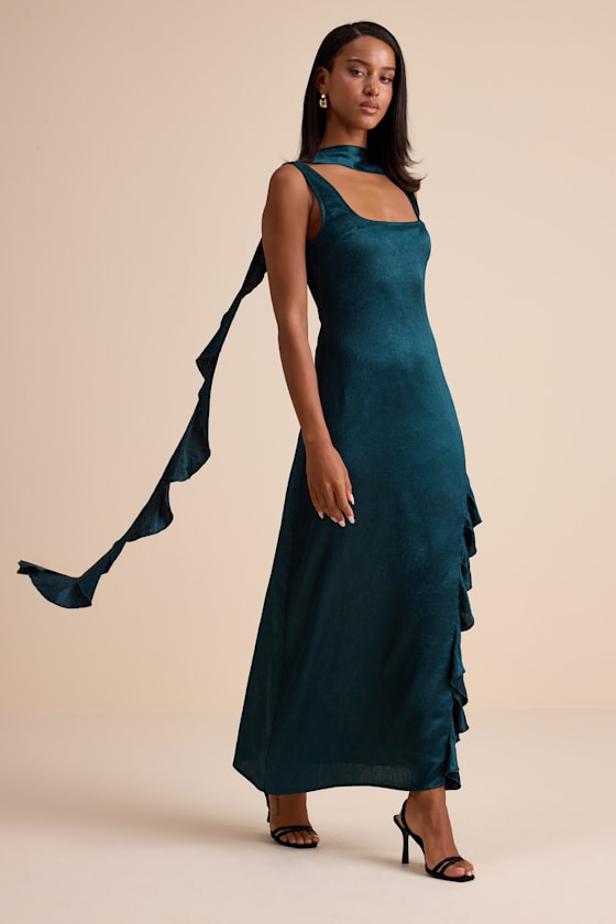 Adelise Teal Green Satin Ruffled Sash Scarf Maxi Dress