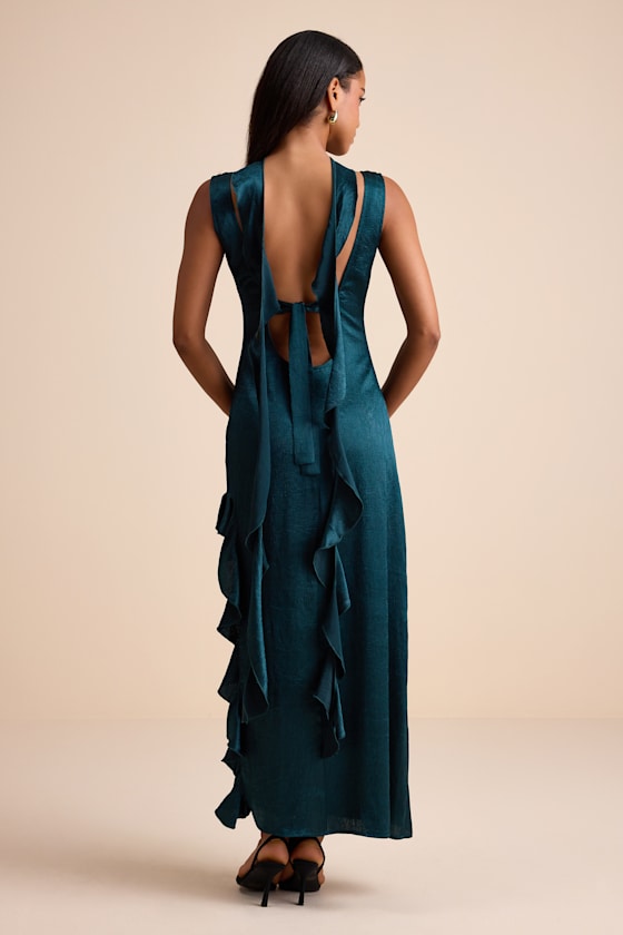 Adelise Teal Green Satin Ruffled Sash Scarf Maxi Dress