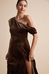 Coveted Confidence Brown Velvet Asymmetrical Maxi Dress