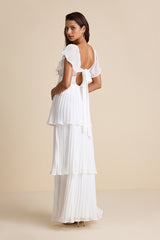 Notorious Charm White Pleated Flutter Sleeve Maxi Dress