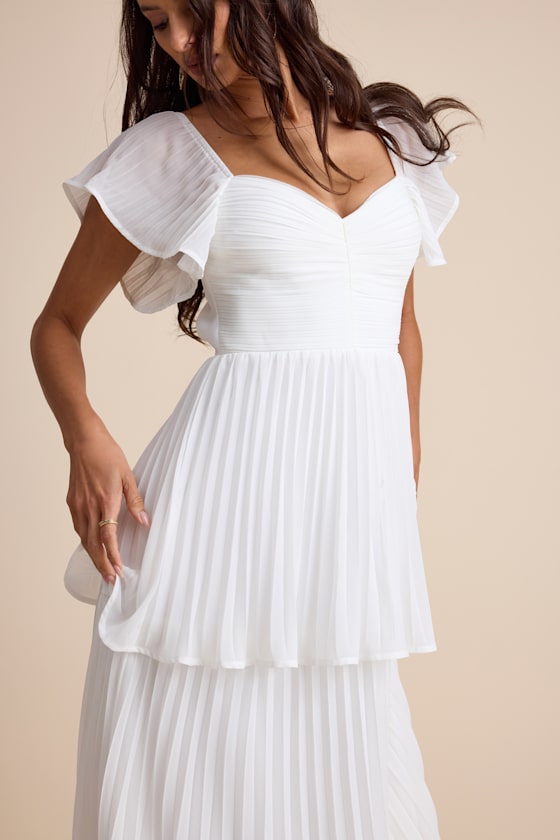Notorious Charm White Pleated Flutter Sleeve Maxi Dress