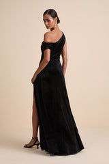 Coveted Confidence Black Velvet Asymmetrical Maxi Dress