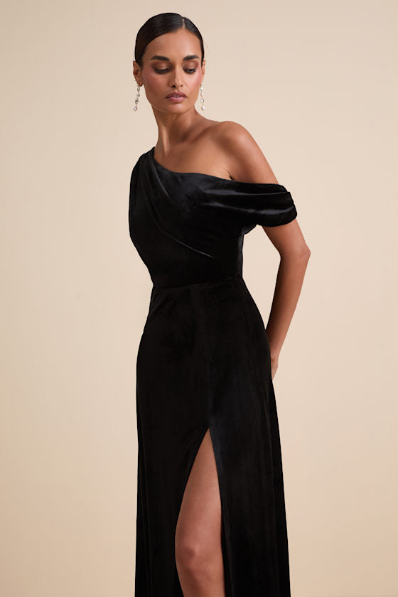 Coveted Confidence Black Velvet Asymmetrical Maxi Dress