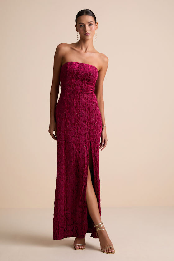 Chic Grace Burgundy Velvet Floral Applique Strapless Maxi Dress