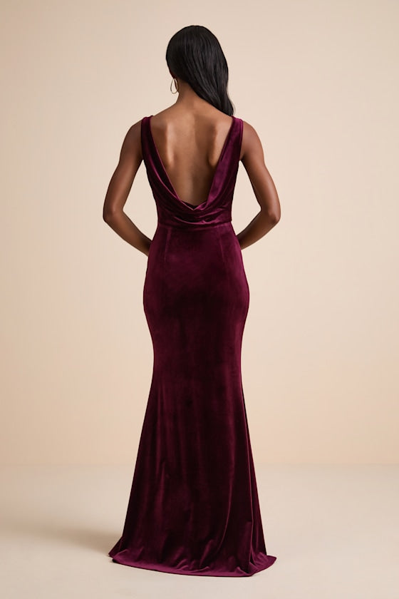 Ravishing Poise Burgundy Velvet Cowl Back Sleeveless Maxi Dress
