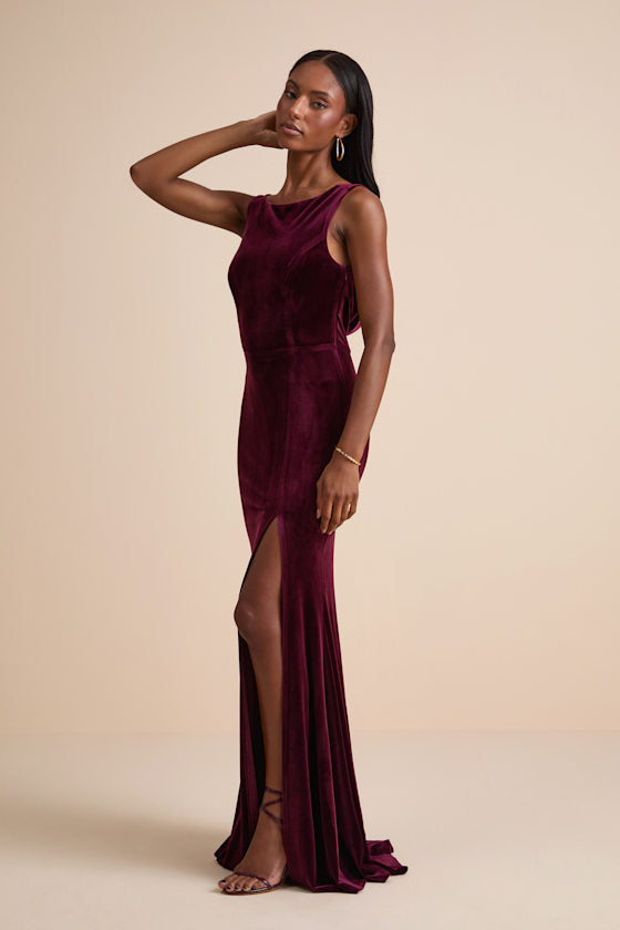Ravishing Poise Burgundy Velvet Cowl Back Sleeveless Maxi Dress