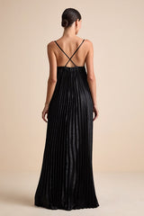 Brilliant Allure Black Pleated Maxi Dress
