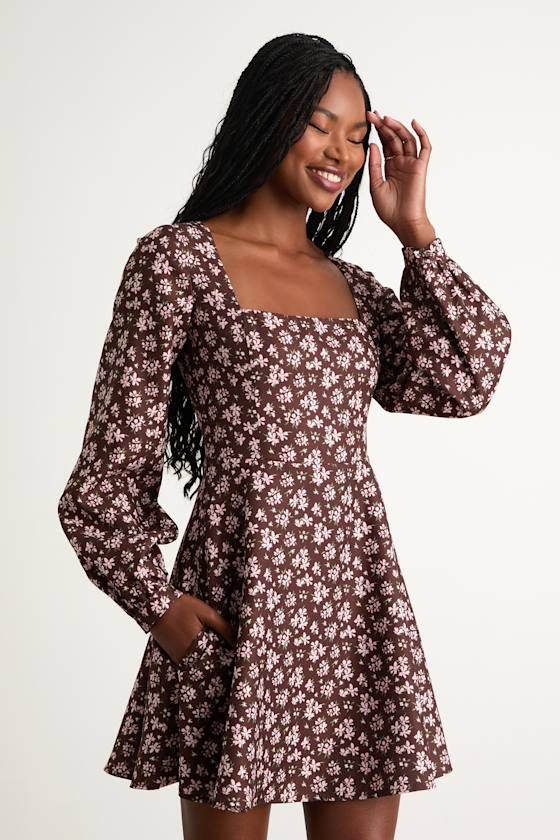 Daily Affection Brown Floral Corduroy Mini Dress With Pockets