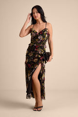 Shona Black Multi Velvet Jacquard Ruffled Maxi Dress