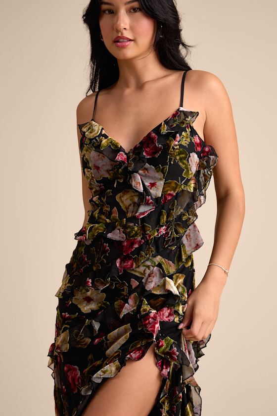 Shona Black Multi Velvet Jacquard Ruffled Maxi Dress