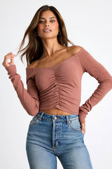Elidah Heathered Mauve Knit Ruched Long Sleeve Crop Top