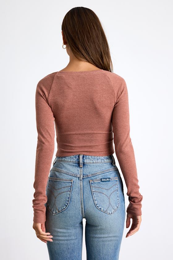 Elidah Heathered Mauve Knit Ruched Long Sleeve Crop Top