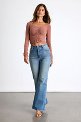 Elidah Heathered Mauve Knit Ruched Long Sleeve Crop Top