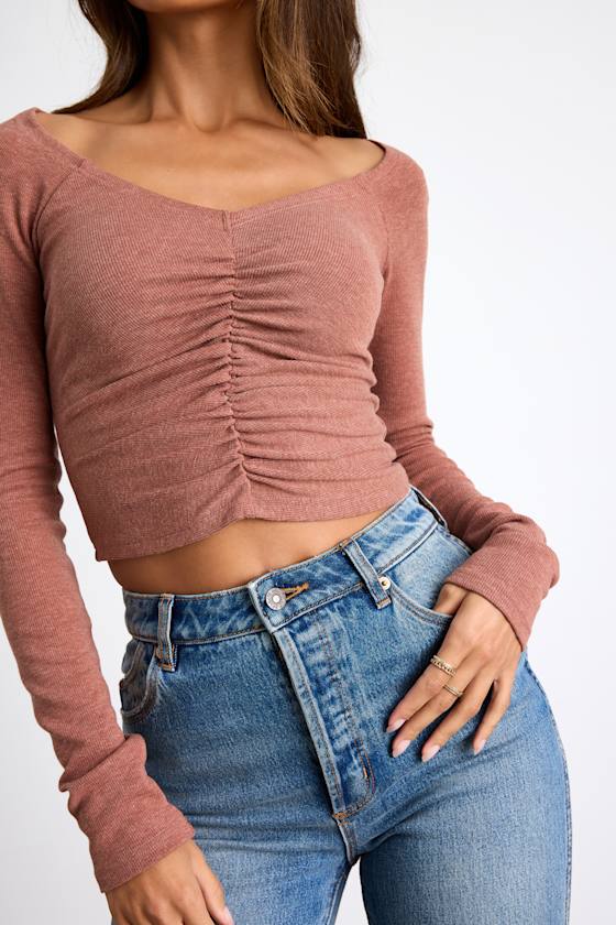 Elidah Heathered Mauve Knit Ruched Long Sleeve Crop Top