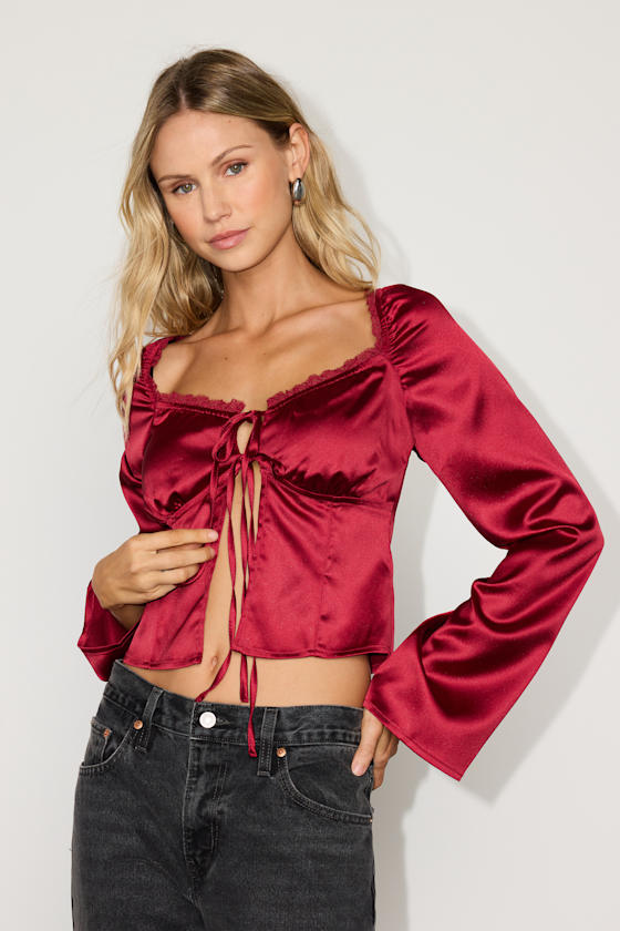 Bess Red Satin Tie-Front Long Sleeve Top