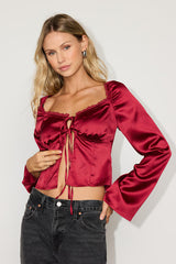 Bess Red Satin Tie-Front Long Sleeve Top