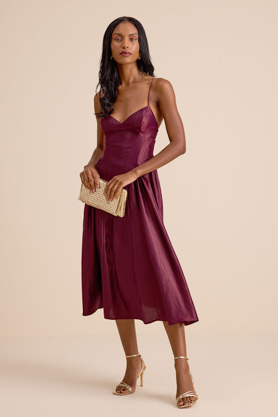 Paride Shiny Plum Gathered Lace-Up Midi Dress