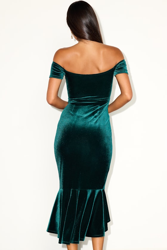How Much I Care Dark Teal Velvet Off-the-Shoulder Midi Dress