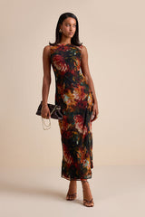 Yaneli Black Multi Floral Boat Neck Cowl Back Maxi Dress