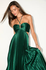 Aerin Emerald Satin Pleated Cutout Midi Dress