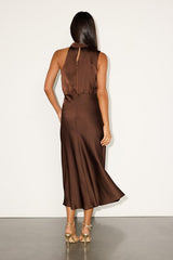 Distinctive Brown Satin Asymmetrical Midi Dress