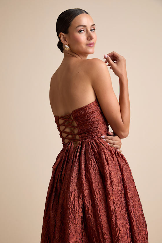 Analeia Rust Jacquard Lace-Up Strapless Midi Dress