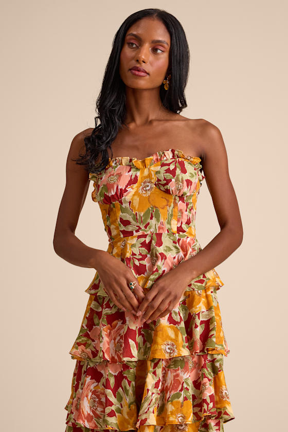 Nahya Yellow Multi Floral Strapless Tiered Midi Dress