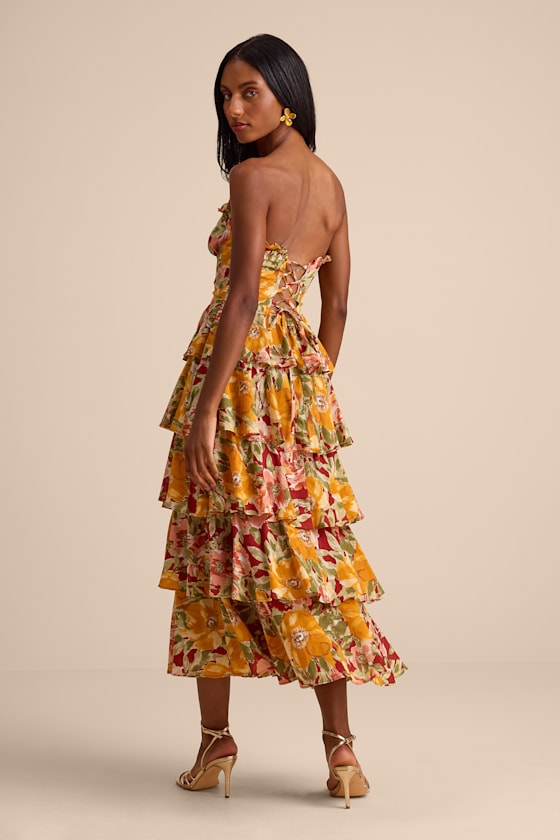 Nahya Yellow Multi Floral Strapless Tiered Midi Dress