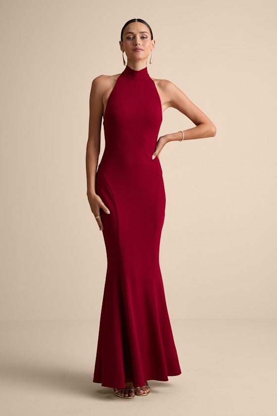 Sihana Wine Red Halter Mermaid Maxi Dress