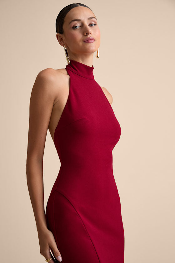 Sihana Wine Red Halter Mermaid Maxi Dress