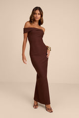 Chastain Brown Ponte Knit Off-the-Shoulder Maxi Dress